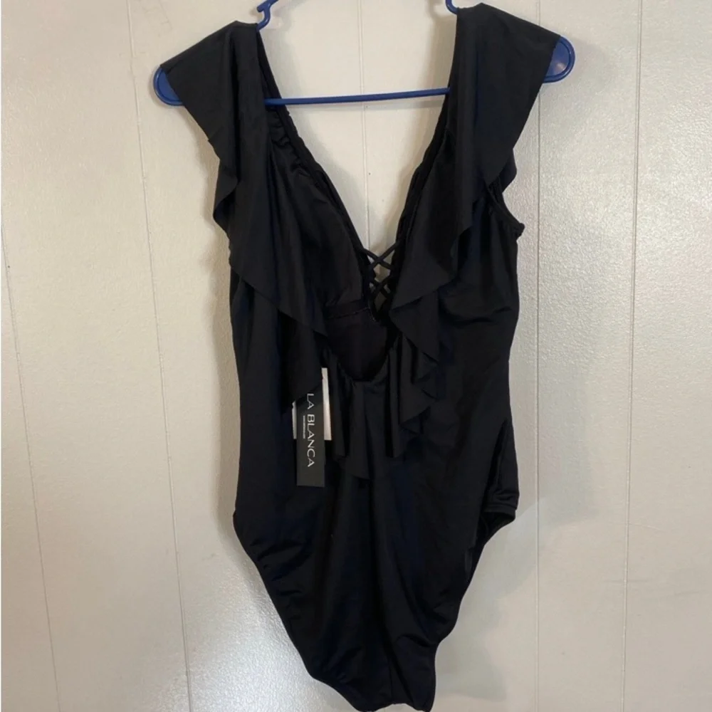 La Blanca Women's Island Goddess Over Shoulder Ruffle Plunge One Piece NWT  10 - Picture 6 of 9